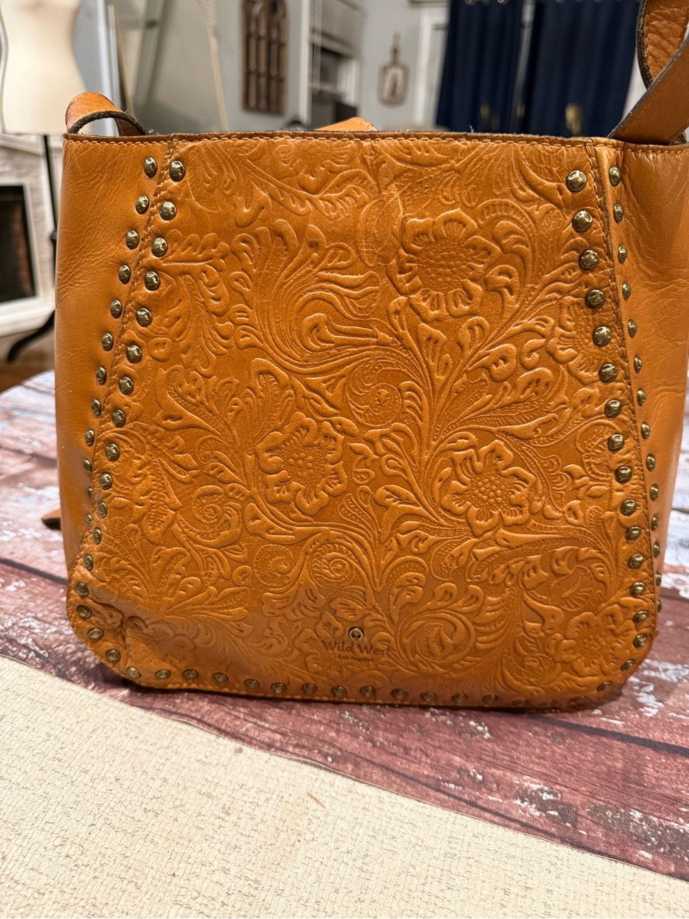 Wild West Embossed Floral Leather Crossbody Bag - Tan